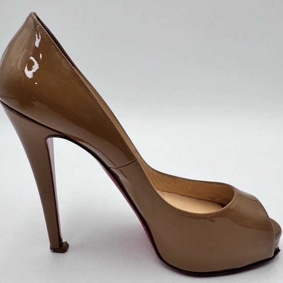 Christian Louboutin Nude Heels Patent Leather Peep Toes Red Bottoms Size 38